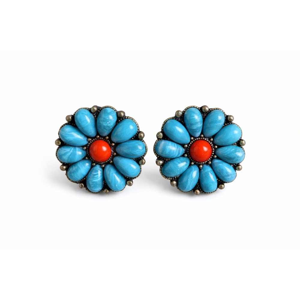 Vintage Flower Clip On Earrings Faux Turquoise Coral Western